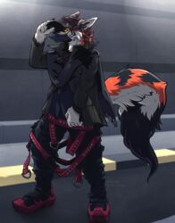  2021 anthro black_body black_fur bondage_pants bottomwear brown_hair canid canine claws clothing dipstick_tail dox_drakes face_mask finger_claws footwear fox fur hair hat headgear headwear hi_res jacket majmajor male mammal markings orange_body orange_fur pants scarf shoes solo standing straps streetwear tail tail_markings techwear text topwear white_body white_fur yellow_eyes 