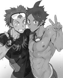  2boys abs brawly_(pokemon) commentary_request fingerless_gloves gloves goggles goggles_around_neck greyscale haiki_(tegusu) highres hug looking_at_viewer male_focus marlon_(pokemon) monochrome multiple_boys nipples open_mouth pectoral_docking pectoral_press pokemon pokemon_bw2 pokemon_oras simple_background skin_tight smile sweat tan tanlines toned toned_male v waist_hug white_background 