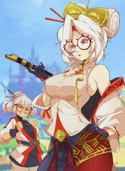  2girls bare_shoulders blue_sky blurry blurry_background delux_drawings eyeshadow glasses grey_hair hair_bun hair_ornament hair_stick hand_on_own_hip highres holding josha_(zelda) makeup multiple_girls off_shoulder outdoors pantyhose parted_lips purah red-framed_eyewear red_eyes round_eyewear sheikah sky the_legend_of_zelda the_legend_of_zelda:_tears_of_the_kingdom twintails white_hair 