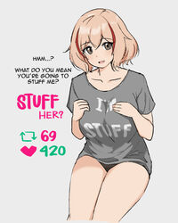  420_(meme) 69_(meme) :d arrow_(symbol) azur_lane bare_legs black_panties blonde_hair blush breasts clothes_writing commentary double_entendre english_commentary english_text female grey_eyes grey_shirt hair_between_eyes hands_on_own_breasts hands_on_own_chest hands_up heart i&#039;m_stuff_(meme) large_breasts leaning_forward looking_at_viewer medium_hair meme multicolored_hair no_pants panties parallelrey print_shirt red_hair roon_(azur_lane) shirt simple_background smile solo streaked_hair thighs twitter twitter_strip_game_(meme) underwear yellow_eyes 