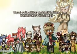  android anthro armor bandana belt blonde_hair blue_eyes blue_hair boron_brioche britz_strudel brown_body brown_clothing brown_eyes brown_fur brown_hair cabimangaka canid canine caninu canis cape chick_montblanc clothing cloud crossed_arms cyberconnect2 dress english_text eyewear felid feline felineko felis female flower fuga:_melodies_of_steel fur glasses gloves grass green_clothing group hack_montblanc hair handwear hanna_fondant hat headgear headwear helmet hi_res humanoid jacket japanese_text jihl_(fuga_2) jin_macchiato kerchief kyle_bavarois little_tail_bronx lolicon machine male malt_marzipan mammal mei_marzipan nature nature_background neckerchief pink_eyes pink_hair plant plushie red_clothing red_hair robot running scar_on_face scarf sheena_falafel signature sky smile smiling_at_each_other smiling_at_viewer socks_million soul sun tail tan_body tan_fur text topwear turquoise_clothing vanilla_muscat_(fuga_2) wappa_charlotte white_body white_fur white_hair yellow_clothing yellow_eyes young 