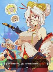  2girls bare_shoulders blue_sky blurry blurry_background delux_drawings english_text eyeshadow glasses grey_hair hair_bun hair_ornament hair_stick hand_on_own_hip highres holding josha_(zelda) link makeup multiple_girls off_shoulder outdoors pantyhose parted_lips princess_zelda purah red-framed_eyewear red_eyes round_eyewear sheikah sky speech_bubble spoken_character the_legend_of_zelda the_legend_of_zelda:_tears_of_the_kingdom twintails white_hair 