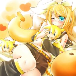  aqua_eyes blonde_hair blush brother_and_sister commentary_request female hair_ornament hair_ribbon hairclip kagamine_len kagamine_rin lying one_eye_closed puppet ribbon rui_shi_(rayze_ray) short_hair siblings solo stuffed_toy twins vocaloid 