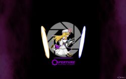  aperture_science_handheld_portal_device blonde_hair bloodycat boots character_name dress female gun long_hair parody portal_(series) portal_1 portal_2 purple_eyes ribbon smile solo text_focus touhou weapon yakumo_yukari 