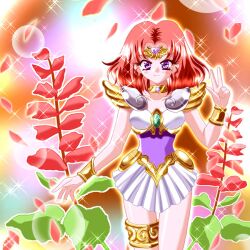  ai_tenshi_densetsu_wedding_peach angel_salvia bridal_garter brooch circlet commentary_request female flower jewelry magical_girl purple_eyes red_hair salvia_(flower) scarlet_ohara short_hair skirt smile solo sparkle v wrist_cuffs yukinyan 