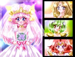  4girls ai_tenshi_densetsu_wedding_peach angel_daisy angel_lily angel_salvia blue_eyes bouquet bridal_veil brown_eyes brown_hair choker circlet commentary_request dress flower green_hair hanasaki_momoko happy long_hair multiple_girls pink_hair purple_eyes purple_flower purple_rose red_hair rose scarlet_ohara short_hair sparkle tamano_hinagiku tanima_yuri veil wedding_dress wedding_peach yukinyan 