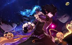  1boy black_hair dnf dungeon_and_fighter dungeon_fighter_online dunger_&amp;_fighter earring earrings elf elf_ears highres jewelry mage_(dungeon_and_fighter) male male_focus male_mage pointy_ears red_eyes skull skulls solo 