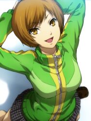  brown_eyes brown_hair female hairu hands_on_own_head jacket open_mouth persona persona_4 satonaka_chie short_hair solo track_jacket 