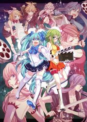  3boys 5girls aqua_eyes aqua_hair bespectacled blonde_hair blue_eyes blue_hair boots bow brown_hair clapperboard commentary_request glasses gloves green_eyes green_hair gumi hair_ornament hair_ribbon hairbow hairclip hatsune_miku highres ia_(vocaloid) kagamine_len kagamine_rin kaito_(vocaloid) kamui_gakupo long_hair megurine_luka meiko_(vocaloid) microphone microphone_stand multiple_boys multiple_girls navel open_mouth pink_hair ribbon short_hair skirt smile sword thigh_boots thighhighs twintails vocaloid weapon yamako_(state_of_children) 