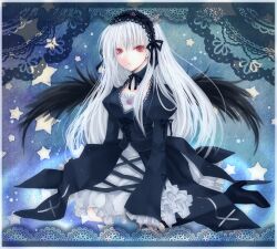  border commentary_request doily female gothic_lolita lace lace_border lolita_fashion long_hair ornate_border rara419 red_eyes rozen_maiden solo suigintou white_hair wings 