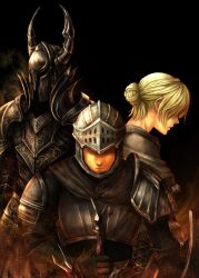  2boys anastacia_of_astora armor black_armor black_knight_(dark_souls) blonde_hair chosen_undead commentary_request dark_souls_(series) dark_souls_i female full_armor gauntlets hair_bun helmet knight multiple_boys photoshop_(medium) shield single_hair_bun sword syei weapon 