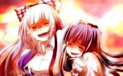  2girls black_hair bow closed_eyes commentary_request crying friends fujiwara_no_mokou hairbow hand_on_head highres houraisan_kaguya laughing long_hair multiple_girls negiko open_mouth suspenders tears touhou 