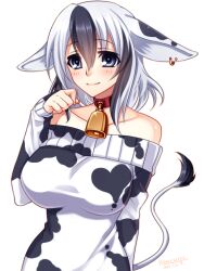  animal_ears animal_print bare_shoulders bell blue_eyes blush breasts collar commentary_request cow_ears cow_girl cow_print cow_tail cowbell cuara_pain female konshin large_breasts multicolored_hair neck_bell original short_hair smile solo tail two-tone_hair 