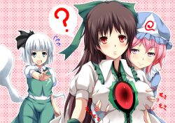  3girls ? bad_id bad_pixiv_id black_hair blue_eyes bow breasts ghost grabbing grabbing_another&#039;s_breast grabbing_from_behind grey_hair hairband hairbow hat highres hitodama konpaku_youmu konpaku_youmu_(ghost) large_breasts long_hair multiple_girls pink_eyes pink_hair red_eyes reiuji_utsuho saigyouji_yuyuko short_hair simple_background third_eye touhou upper_body yappen 