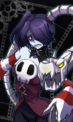  arinko_(arin_pv) blue_hair blue_skin bone breasts colored_skin commentary_request corset detached_collar detached_sleeves dress female film_strip hair_over_one_eye leviathan_(skullgirls) looking_at_viewer medium_breasts object_through_head prehensile_hair purple_hair red_eyes scrunchie side_ponytail sideboob skull skullgirls squigly_(skullgirls) stitched_mouth stitches striped_sleeves yellow_eyes zombie 