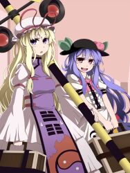  2girls :d bad_id bad_pixiv_id blonde_hair bow dress flame_print food fruit hat hinanawi_tenshi long_hair multiple_girls open_mouth peach purple_eyes purple_hair railroad_crossing red_eyes smile suitcase touhou trigram tsumidango yakumo_yukari yin_yang yin_yang_print 