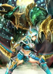  armor blue_eyes capcom highres jinouga jinouga_(armor) midriff monster monster_hunter monster_hunter_portable_3rd sword weapon zinogre zinogre_(armor) 