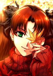  black_hair black_ribbon brown_hair chinese_commentary closed_mouth commentary_request covering_one_eye earrings eyelashes fate/stay_night fate_(series) female green_eyes hair_ribbon highres holding holding_leaf jewelry jian_huang leaf long_hair maple_leaf mixed-language_commentary one_eye_covered parted_bangs portrait red_sweater ribbed_sweater ribbon single_earring smile solo stud_earrings sweater tohsaka_rin turtleneck two_side_up 