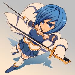  armband aroha_j blue_eyes blue_hair cape commentary_request dual_wielding dutch_angle female gloves holding magical_girl mahou_shoujo_madoka_magica mahou_shoujo_madoka_magica_(anime) miki_sayaka miki_sayaka_(magical_girl) photoshop_(medium) short_hair solo sword weapon 