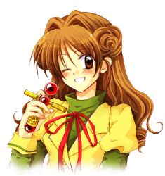  artist_request blush brown_eyes brown_hair cross doughnut_hair_bun drill_hair female hair_bun holding kamikaze_kaitou_jeanne kusakabe_maron long_hair lowres one_eye_closed puffy_sleeves school_uniform smile solo 