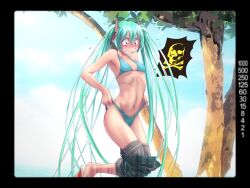  aqua_bikini aqua_eyes aqua_footwear aqua_hair aqua_nails bikini bikini_top_lift bikini_under_clothes blush breasts clothes_lift clothes_pull commentary_request denim embarrassed female fine_fabric_emphasis fingernails halterneck hatsune_miku jeans lifting_own_clothes long_hair motion_blur nail_polish navel pants pants_pull sandals shoe_dangle skull_and_crossbones small_breasts solo speech_bubble spoken_skull sweatdrop swimsuit tree twintails underboob undressing very_long_hair viewfinder vocaloid wokada 