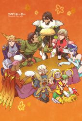  2girls 6+boys alcohol antonio_lopez armor barnaby_brooks_jr. blue_rose bottle cape commentary_request dragon_kid fire_emblem_(tiger_&amp;_bunny) food fried_rice hat huang_baoling ivan_karelin kaburagi_t._kotetsu karina_lyle keith_goodman multiple_boys multiple_girls nathan_seymour origami_cyclone power_armor power_suit rock_bison sakazakimay shuriken sky_high_(tiger_&amp;_bunny) spoon superhero_costume tiger_&amp;_bunny weapon wild_tiger wine 