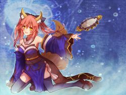  animal_ears bare_shoulders blush bow breasts cleavage commentary_request detached_sleeves dress fate/extra fate_(series) female fox_ears fox_girl fox_tail full_body hairbow japanese_clothes kitakazepanda medium_breasts mirror pink_hair ribbon smile solo suiten_nikkou_amaterasu_yanoshisu_ishi tail tamamo_(fate) tamamo_no_mae_(fate/extra) thighhighs twintails yellow_eyes 