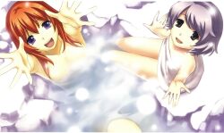  2girls bathing blue_eyes brown_eyes cross_edge hands highres hirano_katsuyuki long_hair looking_at_viewer may_(cross_edge) meu_(spectral_souls) multiple_girls onsen photoshop_(medium) reaching red_hair same-sex_bathing shared_bathing short_hair sitting spectral_(series) spectral_souls towel water 