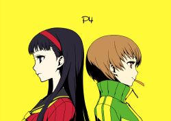  2girls amagi_yukiko back-to-back black_eyes black_hair brown_eyes brown_hair chan_co commentary_request hairband jacket long_hair multiple_girls persona persona_4 profile satonaka_chie school_uniform serafuku short_hair simple_background track_jacket yellow_background 