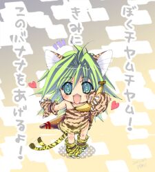  animal_ears banana cat_ears catgirl cham_cham cham_cham claws fangs female food fruit girl gloves green_eyes green_hair heart long_hair open_mouth samurai_spirits snk tiger_print 