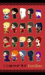  6+boys 6+girls ahoge alcohol armor artoria_pendragon_(fate) assassin_(fate/zero) bad_id bad_pixiv_id berserker_(fate/zero) book border chibi clochro command_spell diarmuid_ua_duibhne_(lancer)_(fate) emiya_kiritsugu everyone family fate/zero fate_(series) father_and_daughter gae_buidhe_(fate) gae_dearg_(fate) gilgamesh_(fate) gilles_de_rais_(caster)_(fate) gun handgun hisau_maiya illyasviel_von_einzbern irisviel_von_einzbern iskandar_(fate) kayneth_el-melloi_archibald kotomine_kirei lace lace_border matou_kariya matou_sakura mother_and_daughter multiple_boys multiple_girls ornate_border pantyhose polearm saber_(fate) siblings sisters sola-ui_nuada-re_sophia-ri spear thighhighs thompson/center_contender tohsaka_rin tohsaka_tokiomi uryuu_ryuunosuke waver_velvet weapon wine 