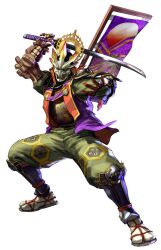  1boy amputee banner fighting_stance gauntlets headdress highres japanese_clothes katana kawano_takuji male_focus mask namco official_art photoshop_(medium) prosthesis samurai sashimono solo soulcalibur soulcalibur_iii sword tabi weapon yoshimitsu_(namco) 