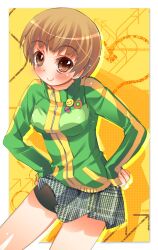  :&gt; bad_id bad_pixiv_id bike_shorts blush female jacket persona persona_4 satonaka_chie skirt sodapop_(iemaki) solo track_jacket 