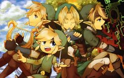  4boys belt blonde_hair blue_eyes blue_sky boots brown_footwear closed_eyes cloud commentary_request conductor_baton earrings gloves green_headwear hat holding holding_instrument hosuke instrument jewelry link long_sleeves lyre male_focus multiple_boys multiple_persona music ocarina open_mouth playing_instrument pointy_ears singing sky smile the_legend_of_zelda the_legend_of_zelda:_ocarina_of_time the_legend_of_zelda:_skyward_sword the_legend_of_zelda:_the_wind_waker the_legend_of_zelda:_twilight_princess toon_link tunic wind_waker_(object) 