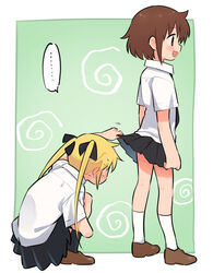  2girls blonde_hair blush brown_hair clothes_lift female_pervert hair_ribbon kill_me_baby long_hair meis_(terameisu) multiple_girls necktie nervous_sweating oribe_yasuna pervert ribbon school_uniform short_hair skirt skirt_lift sonya_(kill_me_baby) squatting sweat time_stop twintails yuri 