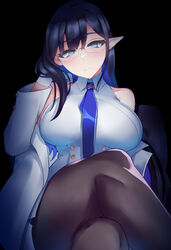  absurdres bare_shoulders black_background black_hair black_pantyhose blue_archive blue_eyes blue_hair blue_necktie breasts coat colored_inner_hair crossed_legs feet_out_of_frame female glasses gloves highres large_breasts long_hair long_sleeves looking_at_viewer miniskirt multicolored_hair necktie open_clothes open_coat pantyhose pencil_skirt pointy_ears rin_(blue_archive) shirt sitting skirt sleeveless sleeveless_shirt solo thighs white_coat white_gloves white_shirt white_skirt whitewaffle 