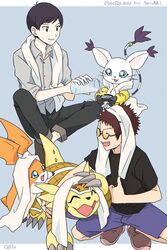  anthro armadillomon bandai_namco brown_hair claws davis_motomiya digimon digimon_(species) eyewear female feral fur gatomon gdn0522 group hair hi_res human ken_ichijouji male mammal orange_body orange_fur patamon purple_hair shell sunglasses towel white_body white_fur 