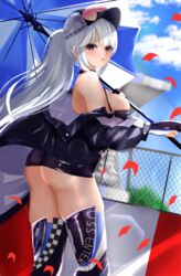  absurdres ass azur_lane belt dress enterprise_(azur_lane) enterprise_(wind_catcher)_(azur_lane) eyewear_on_headwear female fingerless_gloves from_side gloves hair_through_headwear halter_dress halterneck highres holding holding_umbrella jacket long_hair looking_at_viewer microdress official_alternate_costume open_clothes open_jacket orange-tinted_eyewear outdoors partially_fingerless_gloves purple_dress purple_eyes purple_jacket race_queen racetrack rei_tuki single_fingerless_glove solo standing thighhighs tinted_eyewear two-tone_umbrella umbrella white_belt white_hair 