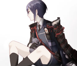  1boy animal armor black_gloves black_necktie black_socks closed_mouth feline gloves gradient_background japanese_armor katana male_focus necktie purple_eyes purple_hair sheath sheathed shoulder_armor sitting siya_ho sleeping smile socks sode sword touken_ranbu uniform weapon yagen_toushirou yagen_toushirou_(kiwame) 