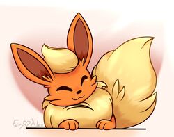  ambiguous_gender closed_eyes colored eeveelution fairylove777 feral flareon generation_1_pokemon happy head_tilt hi_res nintendo pokemon pokemon_(species) resting_arm shaded simple_background smile solo watermark white_background 