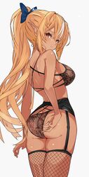  absurdres ass bare_shoulders blonde_hair blush bow bra breasts dark-skinned_female dark_skin elf female fishnet_thighhighs fishnets garter_belt hairbow highres hololive lace-trimmed_bra lace-trimmed_panties lace_trim large_breasts long_hair looking_at_viewer multicolored_hair panties pointy_ears ponytail red_eyes shiranui_flare sidelocks solo streaked_hair thighhighs thighs tomo0843 underwear underwear_only virtual_youtuber white_background white_hair 