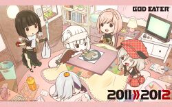  1boy 2011 2012 5girls alisa_ilinichina_amiella book bookshelf bottle breath chibi chiot_(god_eater) cushion daiba_canon dark_skin drawing_(object) elbow_gloves eyepatch fingerless_gloves food food_on_head fruit fruit_on_head gina_dickinson glass gloves god_eater god_eater_burst grey_hair hat highres holding indoors kotatsu kurumi_kobayashi lamp letterboxed long_hair lying mandarin_orange matryoshka_doll multiple_girls nail_polish_bottle new_year object_on_head official_art open_mouth pink_hair plant potted_plant room scarf short_hair sitting sleeping soma_schicksal stuffed_animal stuffed_rabbit stuffed_toy suspenders table tachibana_sakuya_(god_eater) teardrop text_focus umbrella white_hair zabuton 