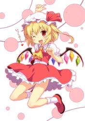  ;p ascot blonde_hair blush commentary_request female flandre_scarlet hat heart jumping loafers lolicon oerba_yun_fang one_eye_closed open_mouth pointing pointing_up red_eyes shoes side_ponytail skirt smile socks solo tongue tongue_out touhou white_socks wings yamasan 