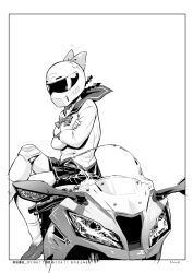  bakuon!! bow braid breasts commentary_request crossed_arms crossed_legs female greyscale hair_ornament hairbow helmet kawasaki kawasaki_ninja_zx-10r kawasaki_raimu knee_pads long_hair medium_breasts monochrome motor_vehicle motorcycle orimoto_mimana school_uniform serafuku sitting skirt socks solo top_gear translation_request twin_braids twintails 