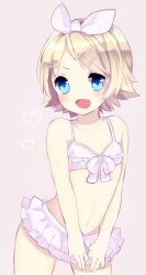  bad_id bad_pixiv_id bikini bikini_skirt blonde_hair blue_eyes blush bow collarbone female flat_chest front-tie_top hair_ornament hairbow hairclip heart kagamine_rin midriff navel oerba_yun_fang open_mouth pink_background pink_bikini short_hair shun47 simple_background solo swimsuit vocaloid 