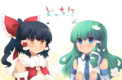  2girls ahoge ascot bare_shoulders black_hair blue_eyes bow brown_eyes brown_hair detached_sleeves flower frog green_hair hair_ribbon hair_tubes hairbow hakurei_reimu kochiya_sanae large_bow long_hair looking_at_viewer multiple_girls parted_lips ribbon shin_(new) snake touhou translated upper_body 