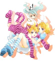  1boy 2girls alice_(alice_in_wonderland) alice_in_wonderland animal_ears cat_ears cat_tail cheshire_cat_(alice_in_wonderland) chibi commentary_request dress falling floating_hair hair_ribbon hatsune_miku kagamine_len kagamine_rin kneehighs mary_janes multiple_girls oerba_yun_fang open_mouth panties rabbit_ears rabbit_tail ribbon shima_riu shoes smile socks striped_clothes striped_socks tail twintails underwear vocaloid white_rabbit_(alice_in_wonderland) 