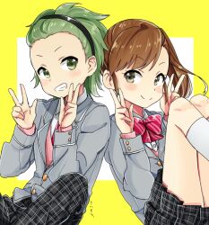  1boy bad_id bad_pixiv_id blush bow brown_eyes brown_hair double_v female futami_mami green_eyes green_hair grin hairband idolmaster idolmaster_(classic) long_hair mitarai_shouta school_uniform short_hair side_ponytail skirt smile sukoyaka_(100hituzi) v 