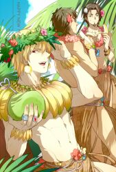  2012 3boys banana blonde_hair blue_eyes bracelet brown_eyes brown_hair coconut commentary_request drinking_straw eating facial_hair fate/zero fate_(series) flower flower_necklace food fruit fruit_cup gilgamesh_(fate) goatee groin hair_flower hair_ornament head_wreath jewelry kotomine_kirei lei male_focus midriff multiple_boys necklace new_year pinki_(shounenkakuseiya) red_eyes ring skirt sweatdrop tohsaka_tokiomi 