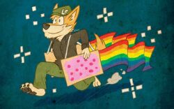  abstract_background canid canine canis clothing dingo domestic_dog food hat headgear headwear male mammal meme nyan_cat paws pop-tarts rainbow running simple_background solo star super-tuler 